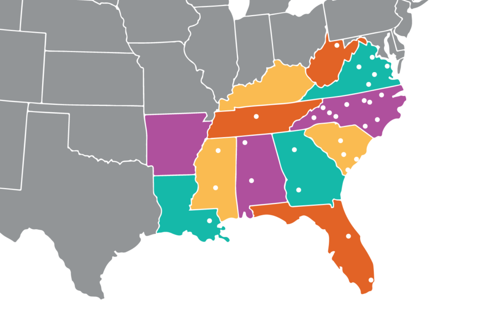 colorful map of lgf grantee network, showing dots across the South