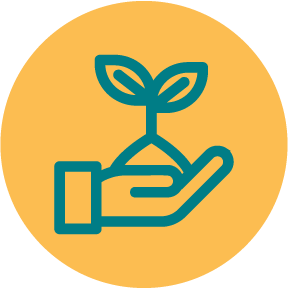 icon - yellow circle with teal drawing of a hand holding a bit of dirt with a sprout with 2 leaves on it
