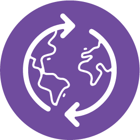 purple circle icon with a picture of a white globe and two arrows encircling it
